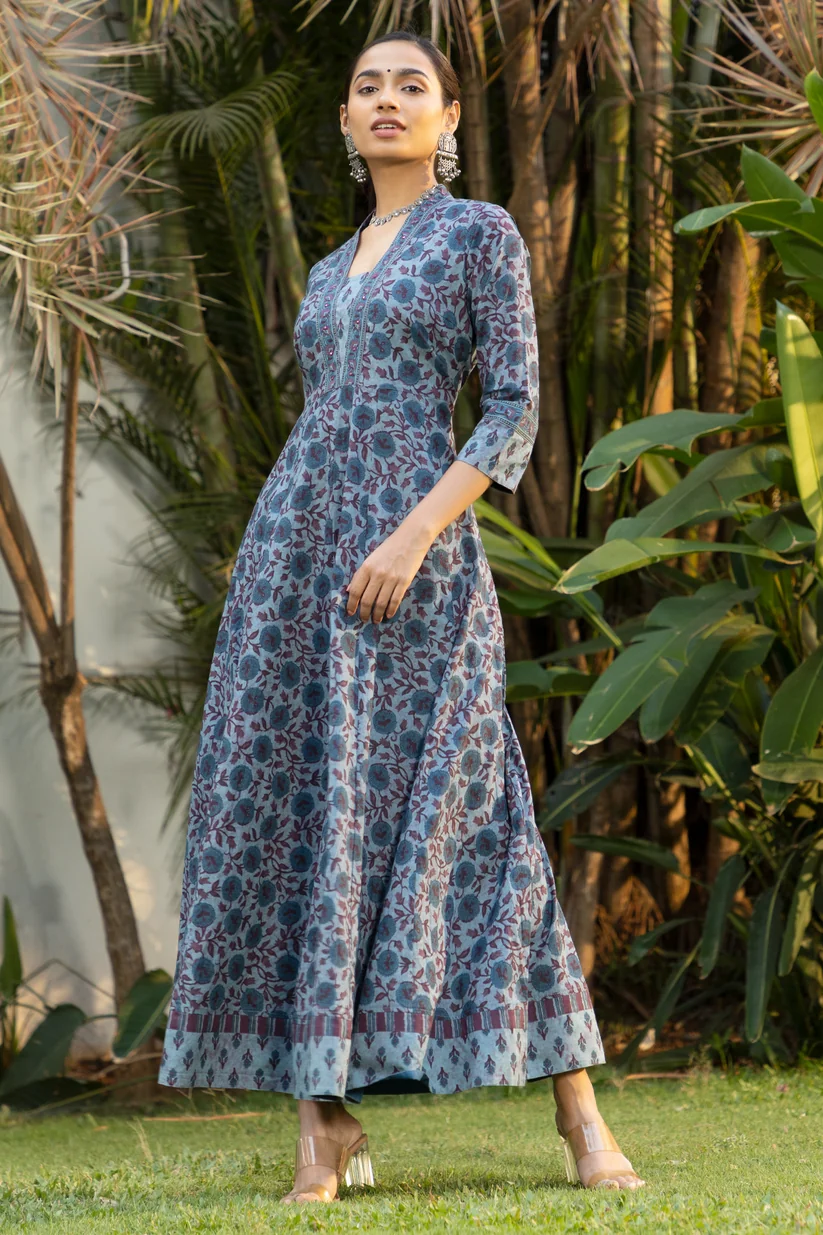 Dianthus Floral Printed Anarkali with Foil Mirror Embellishments- Blue